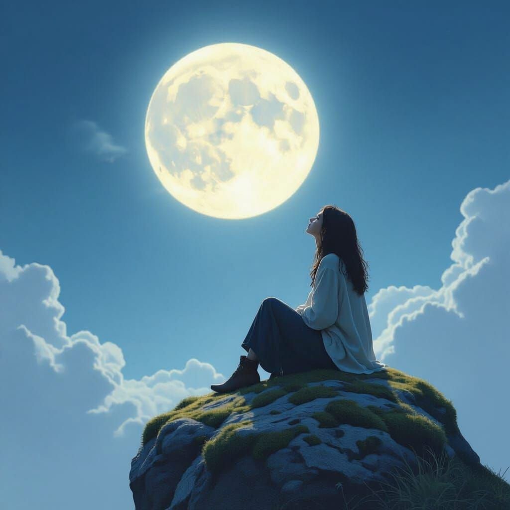 Bewildered Figure Gazes at Luminous Moon in Fantasy Art Styl...