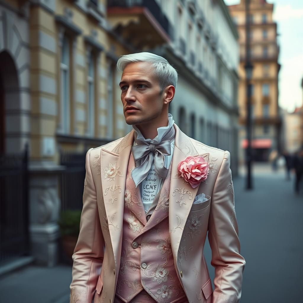 Contemplative Man in Floral Outfit Walking Alone
