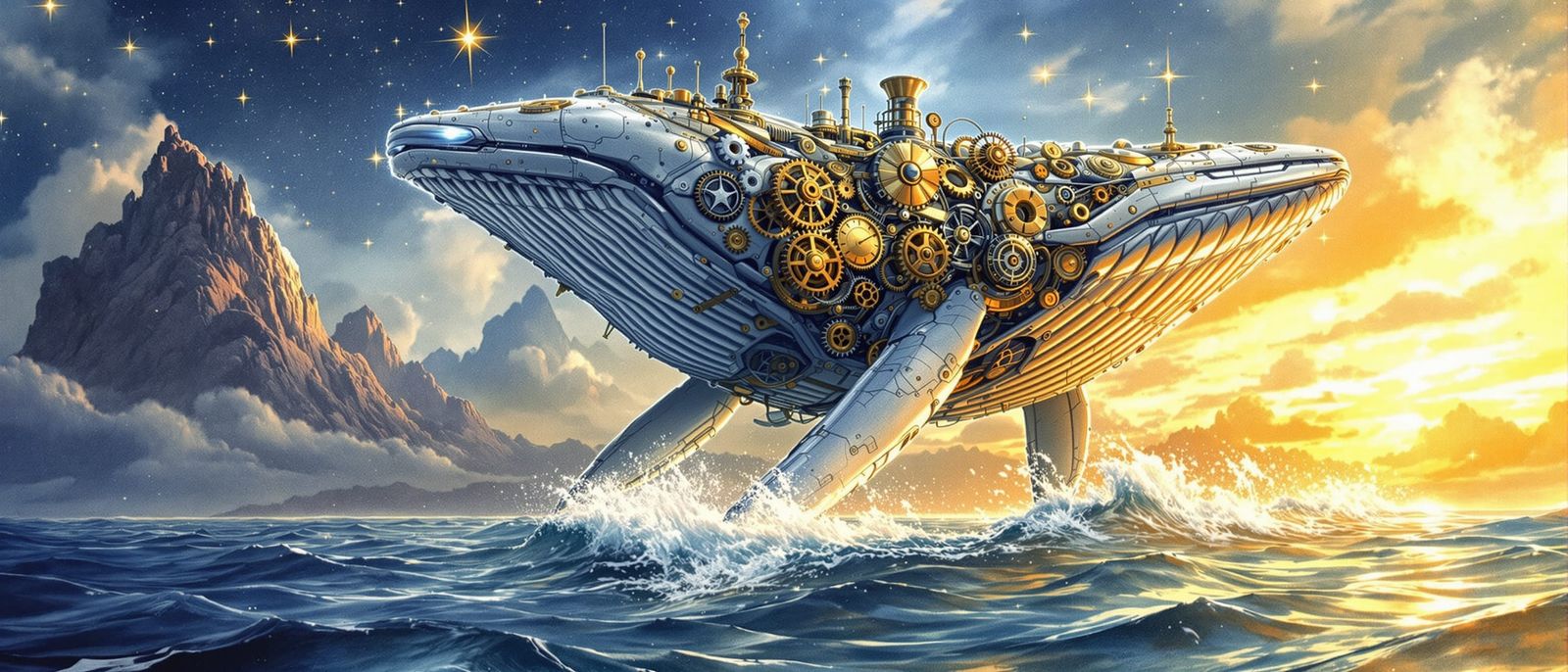 Clockwork Whale Breaches Sea of Gold Under Binary Stars