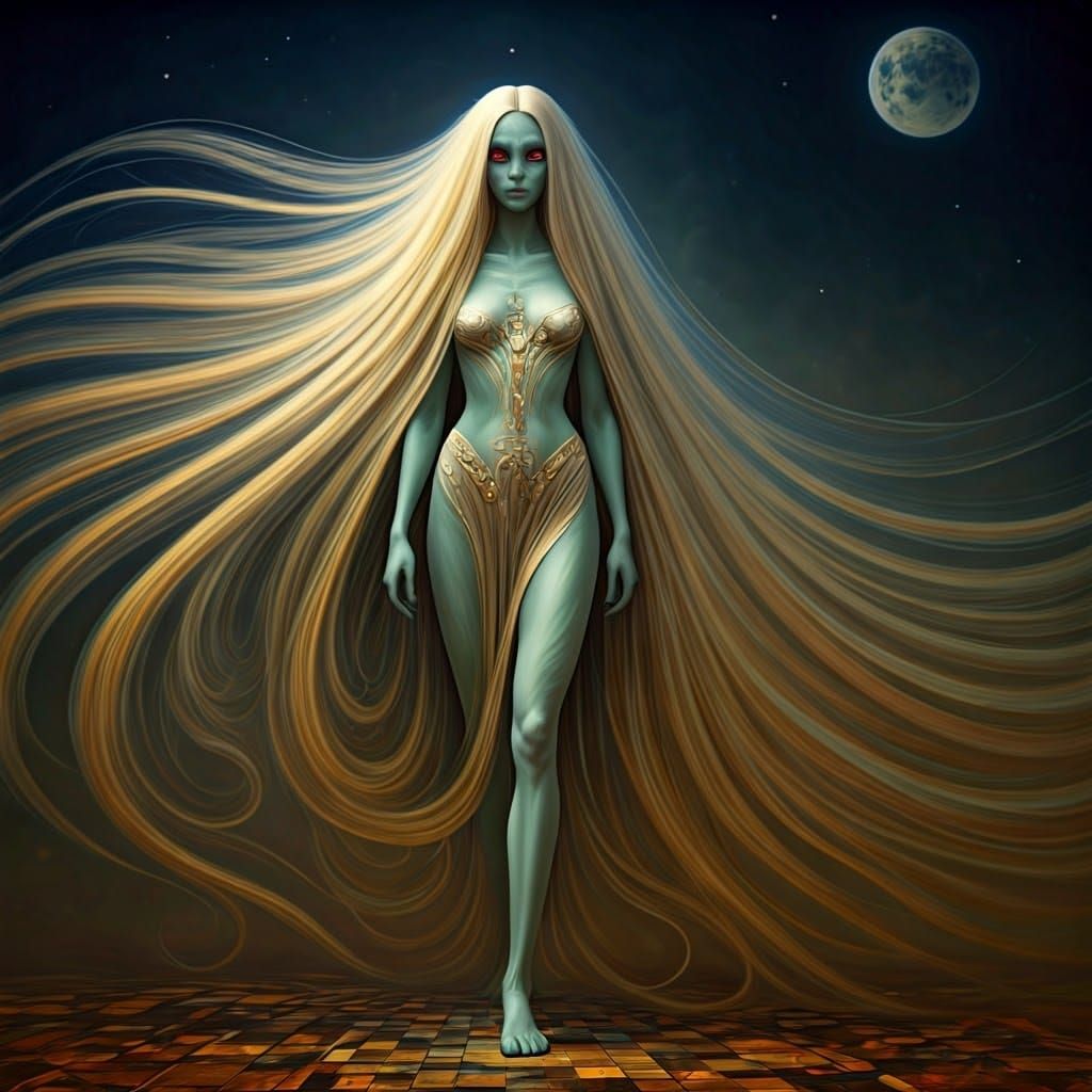 Ethereal Alien Goddess Strolls on a Glowing Moonscape