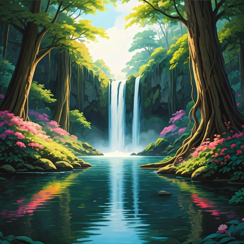 Enchanted Waterfall Landscape in Impressionist Style