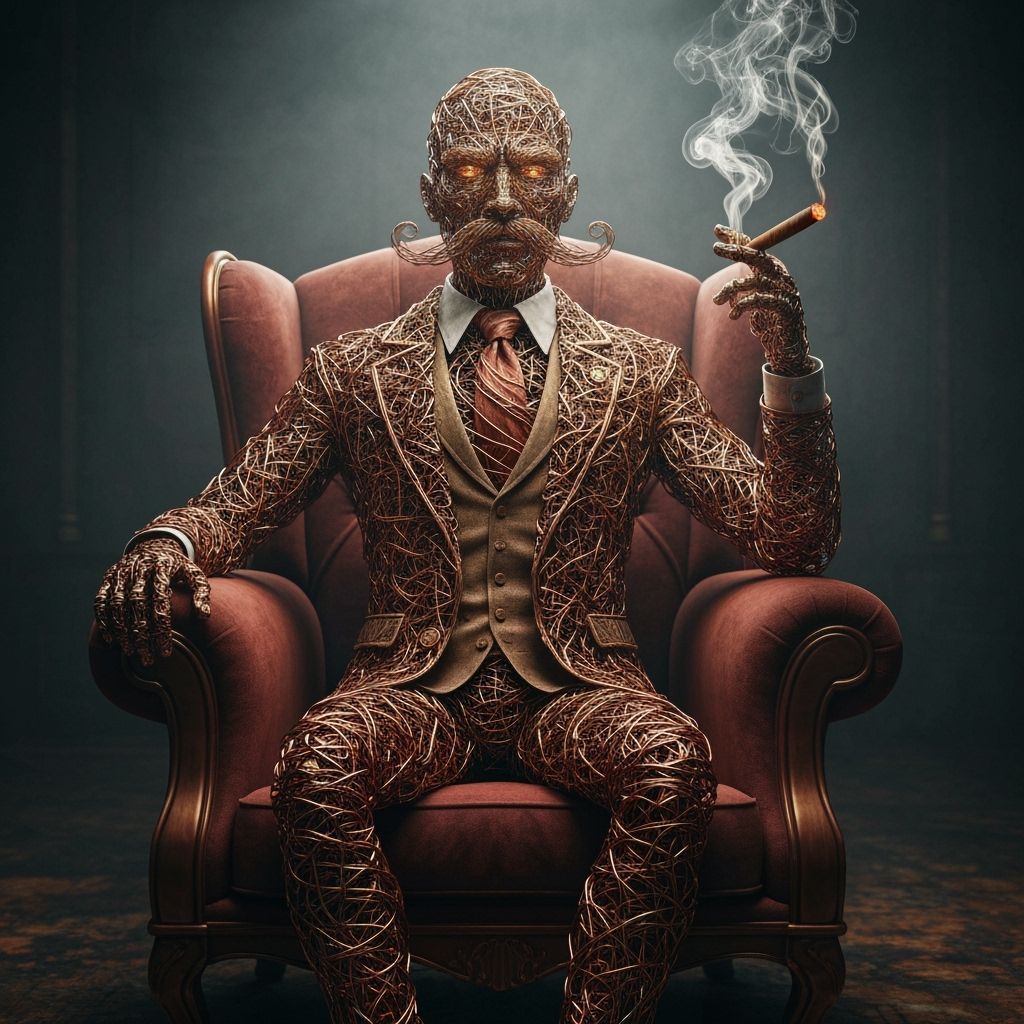 Surreal Metal Wire Mafia Boss in Smoky Lounge