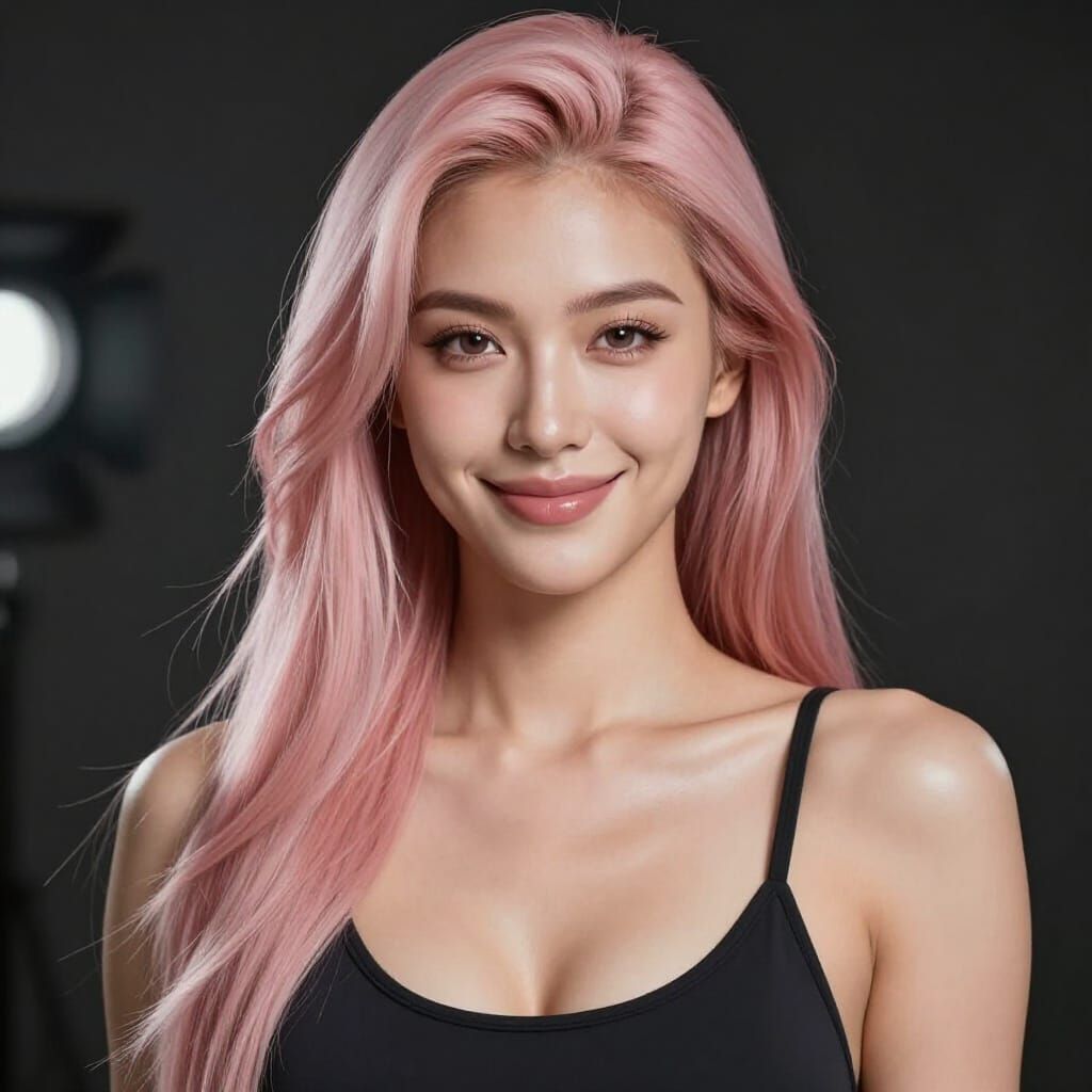 Hyperrealistic Portrait of Confident Woman with Pink Hair