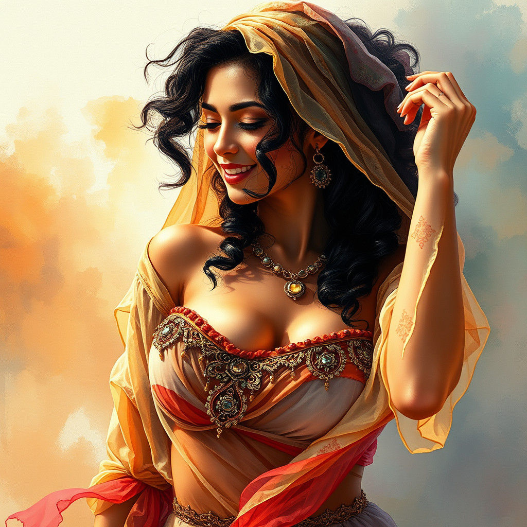 Exotic Gypsy Dancer in Abstract Watercolor Dreamscape