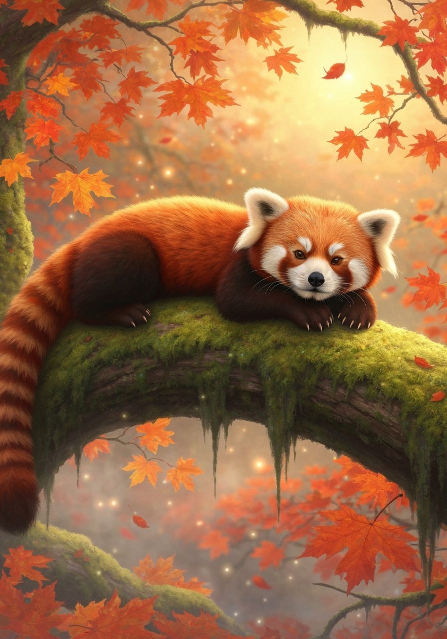 Red Panda on Autumn Branch in Ethereal Light