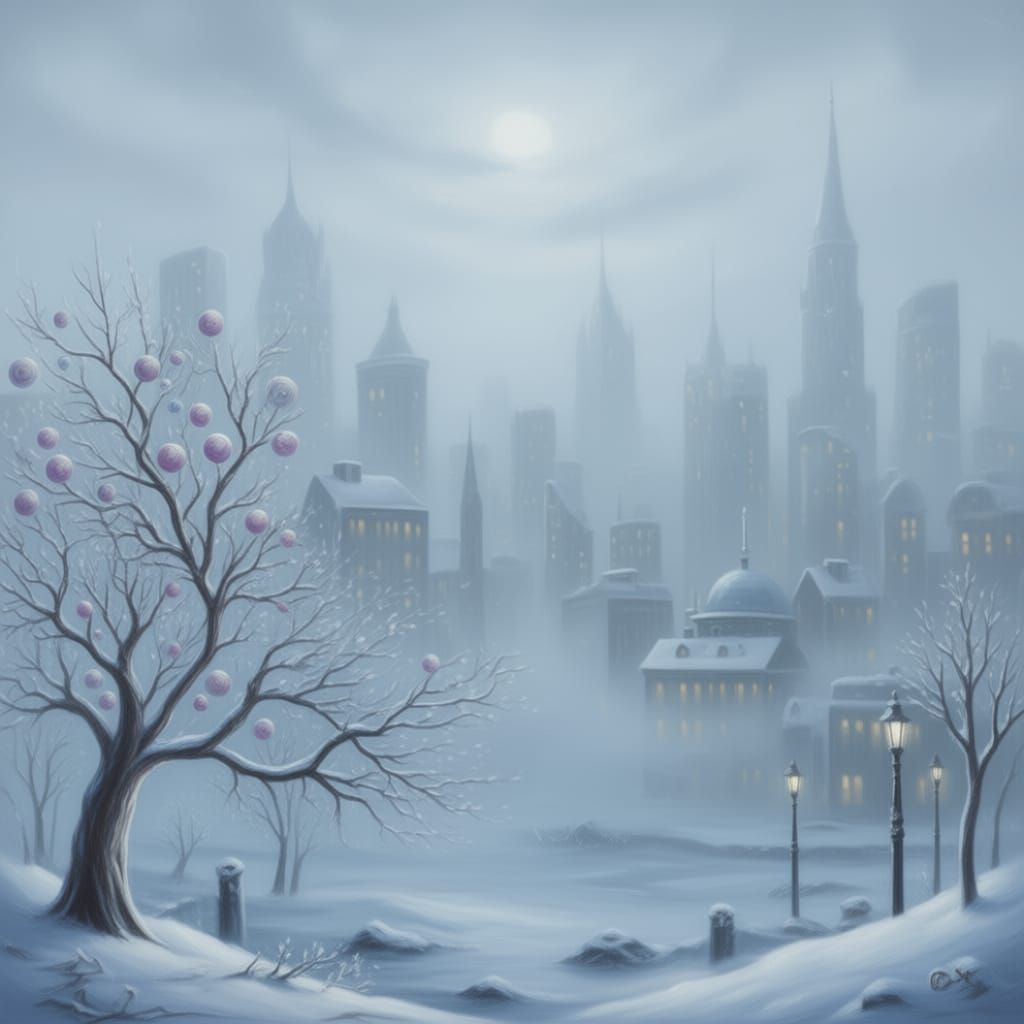 Misty Winter City Landscape