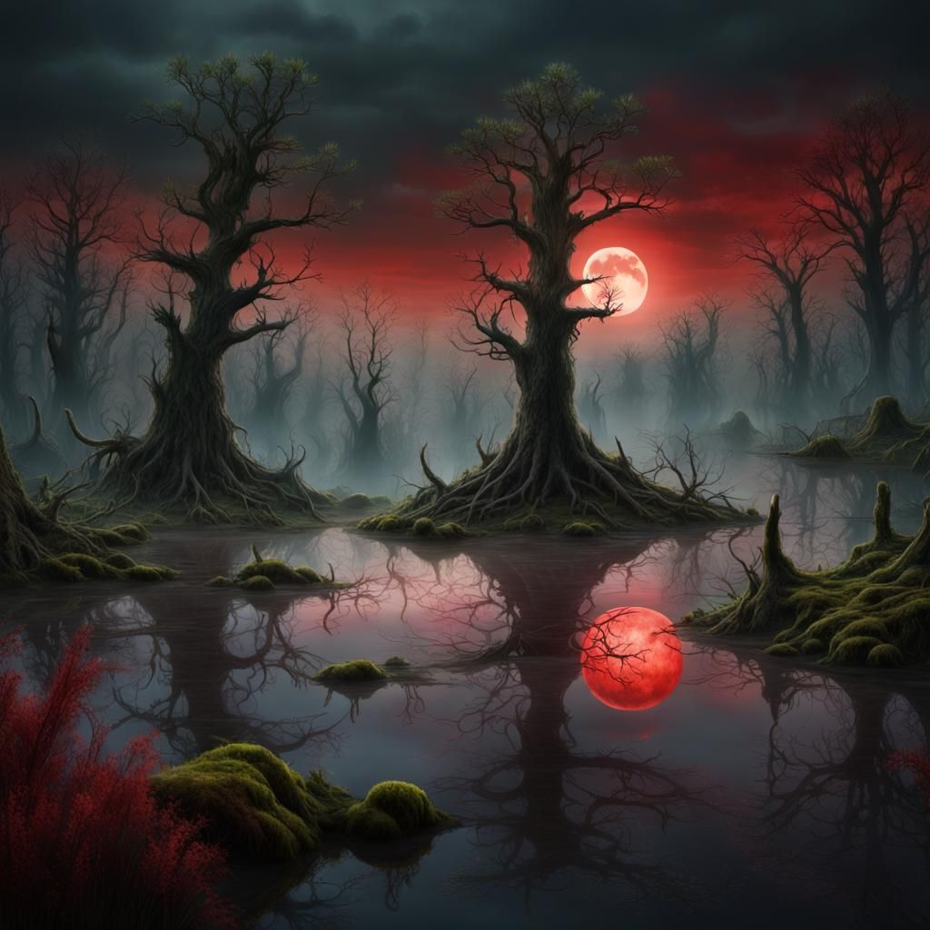 Blood Moon Over Misty Swamp: Digital Matte Painting