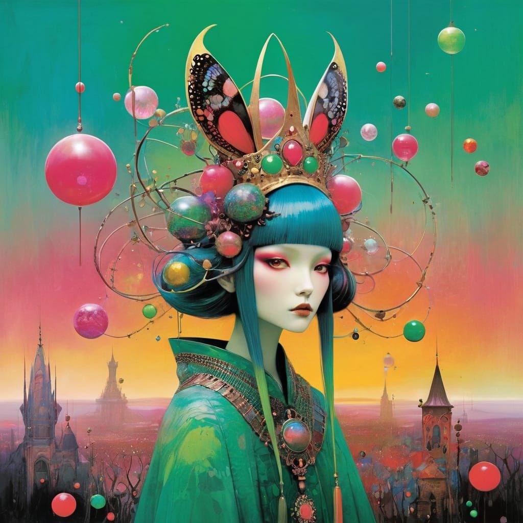 Bug Girl Wearing Neon Marble Crown