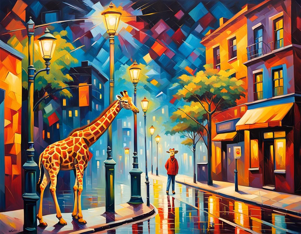Giraffe Graffiti Artist in Neo-Impressionist Style