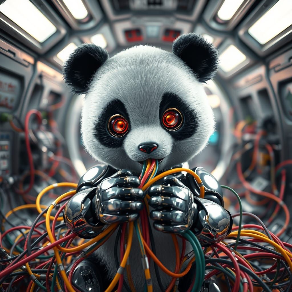Robotic Panda Amidst Futuristic Wires and Circuit Boards
