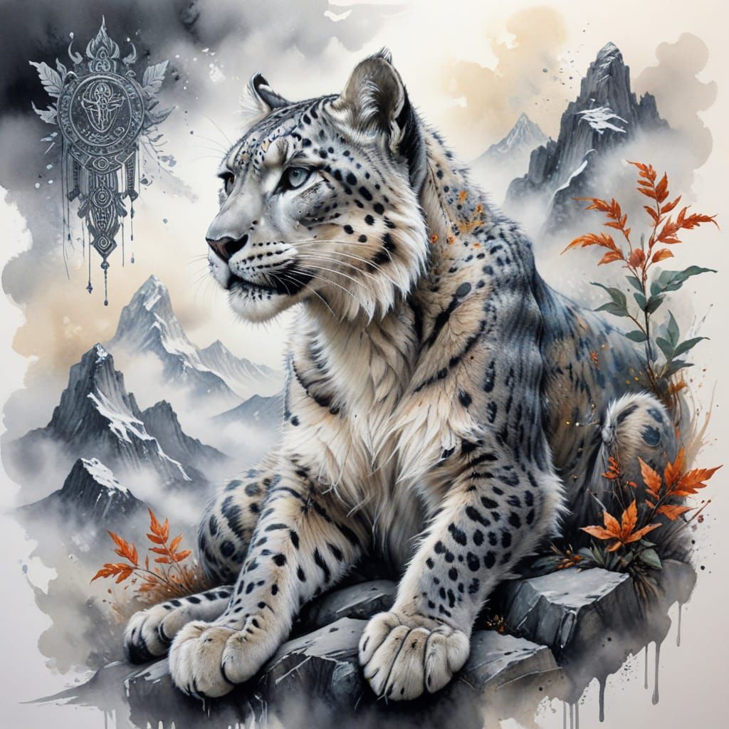 Snow Leopard in Harmony with Himalayan Temple