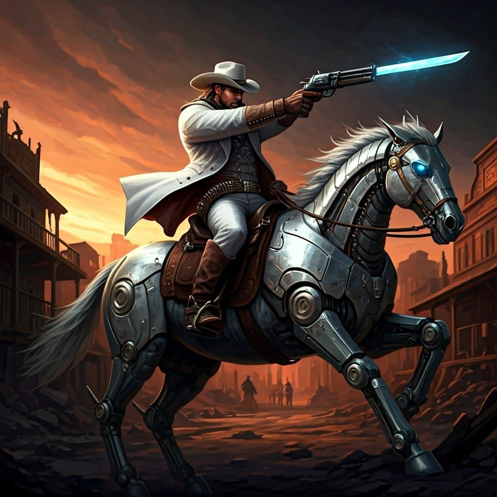Cowboy on Mech-Horse with Gunblade in Cyber-Western Town