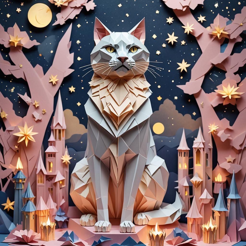 Regal Cat on Throne: Origami Papercraft Art