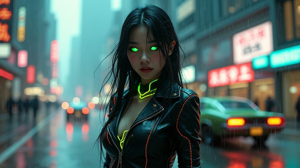 Asian Cyborg Girl in Cyberpunk Cityscape