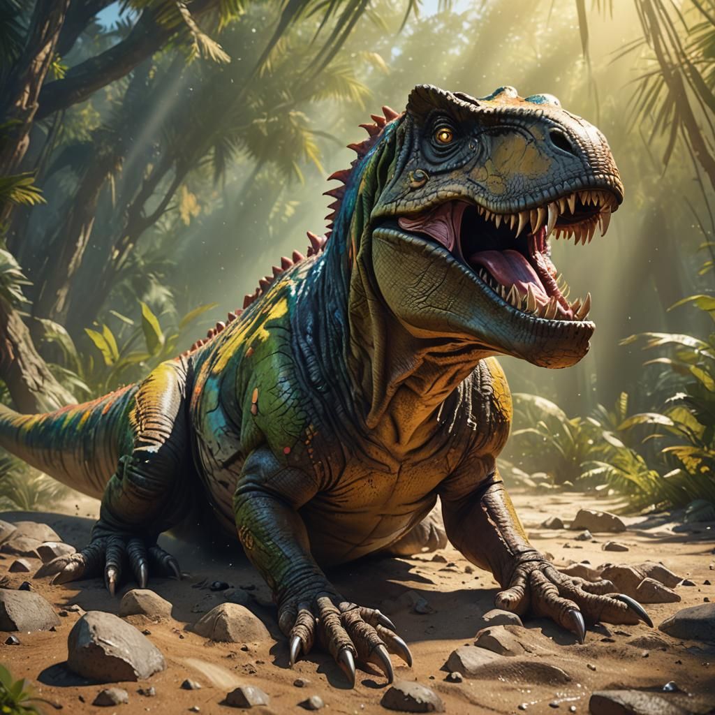 Hyperrealistic T-Rex Sunbathing: Splash Art Concept