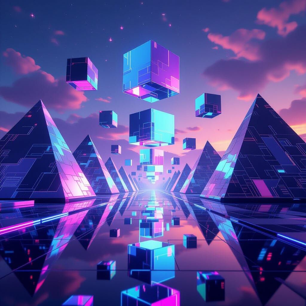 Futuristic Geometric Cityscape with Holographic Cubes