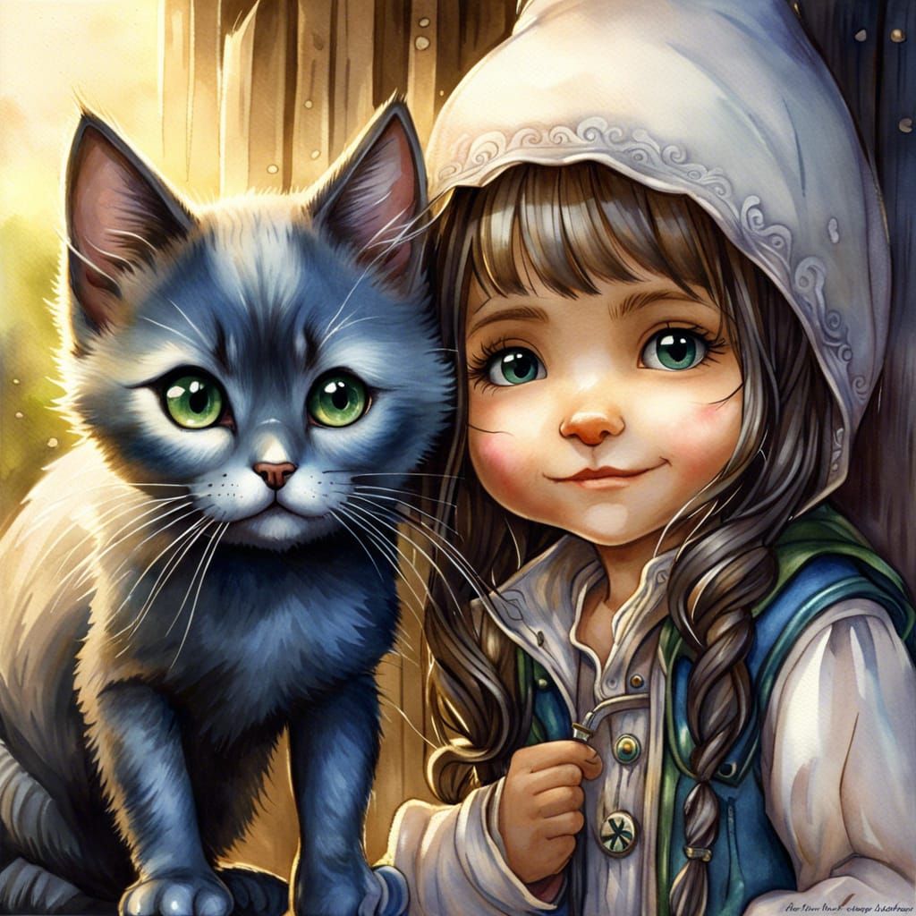 Cute Cat and Dog in Surreal Watercolor