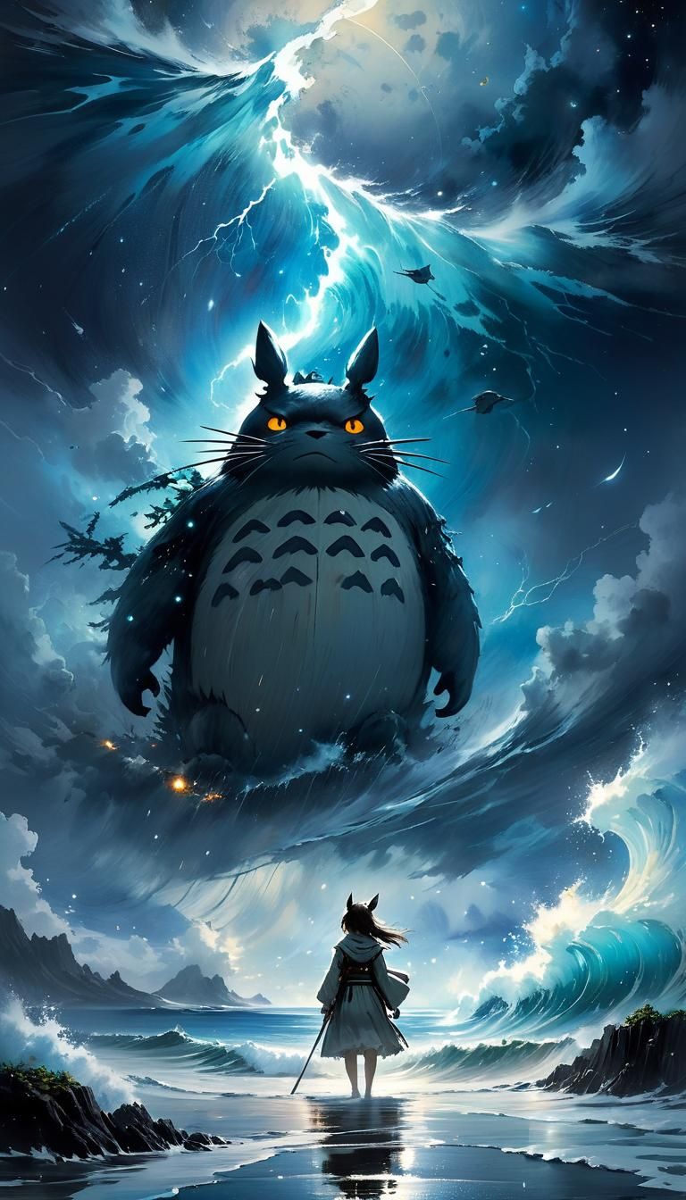 Watercolor Totoro in Ocean Storm, Astral Dream