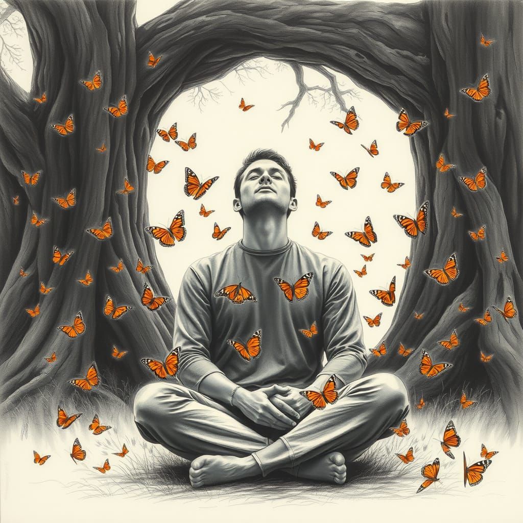 Serene Man Surrounded by Delicate Monarch Butterflies in a M...
