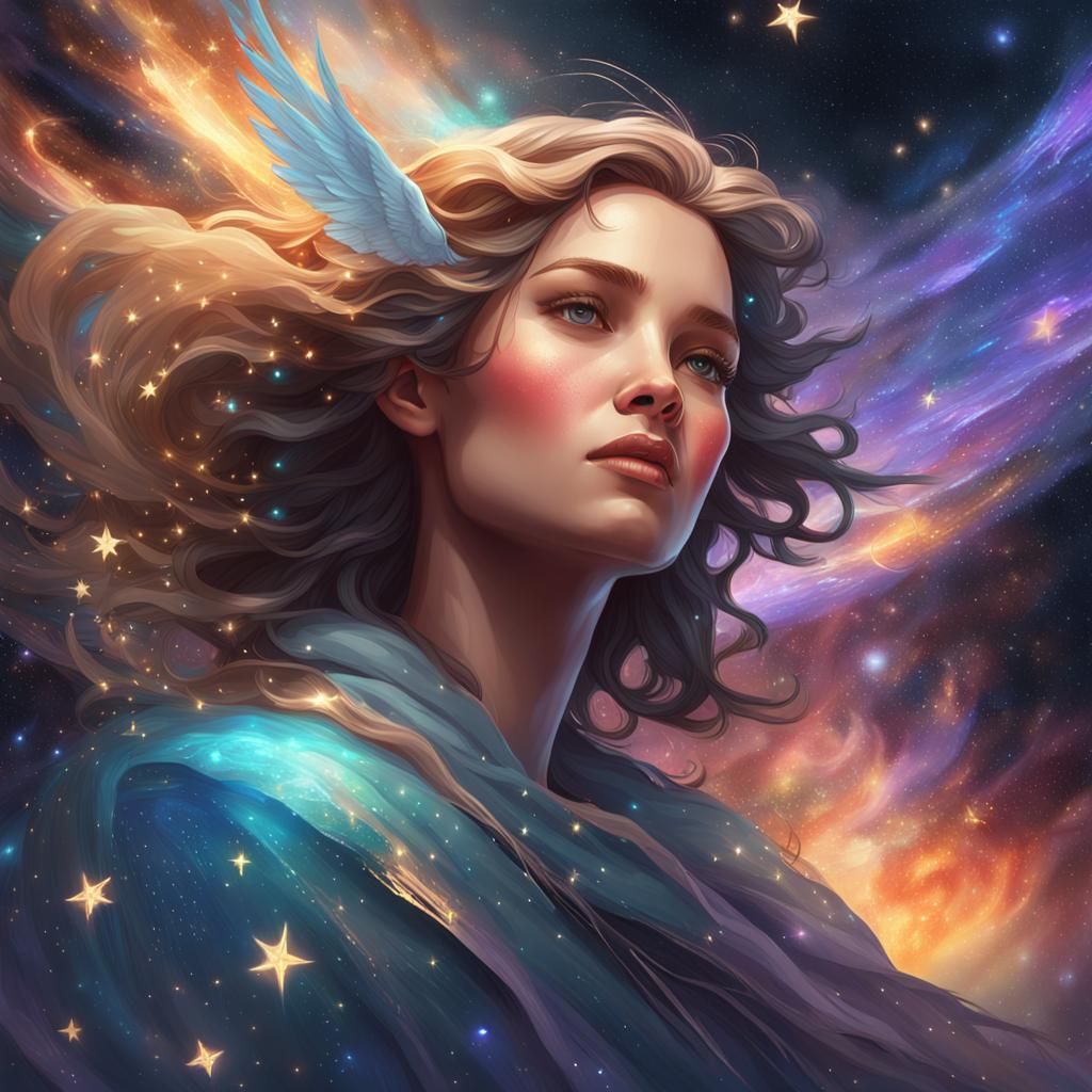 Angelic Woman's Flight Through the Starry Galaxy