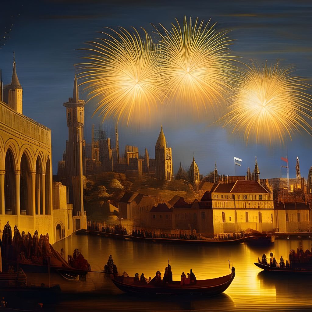 Renaissance Fireworks Over Medieval Cityscape
