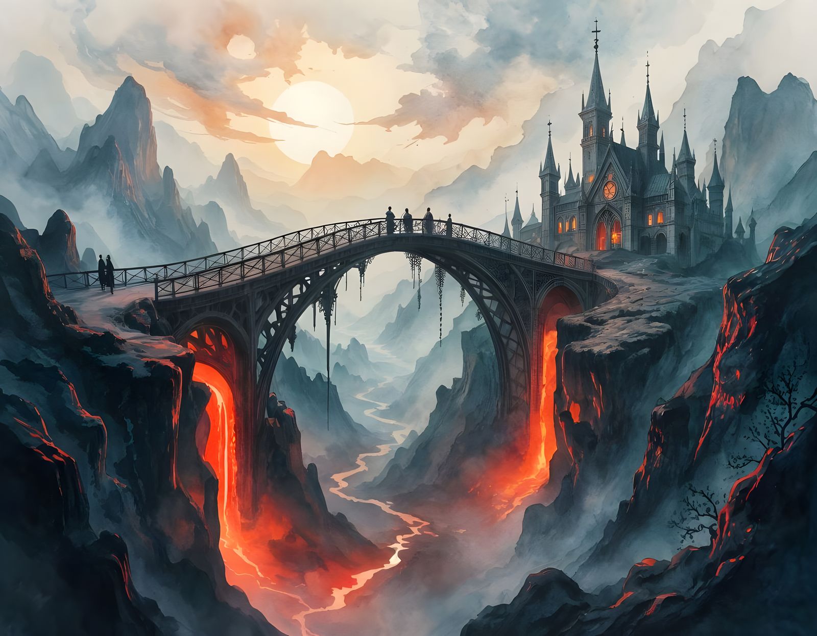 Ethereal Elven Bridge Over Lava Abyss in Ink Painting