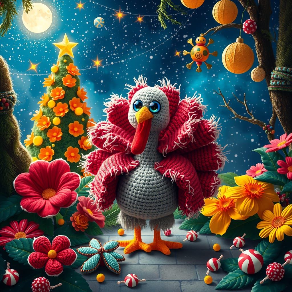 Whimsical Crochet Turkey in Klimt Style Christmas Scene