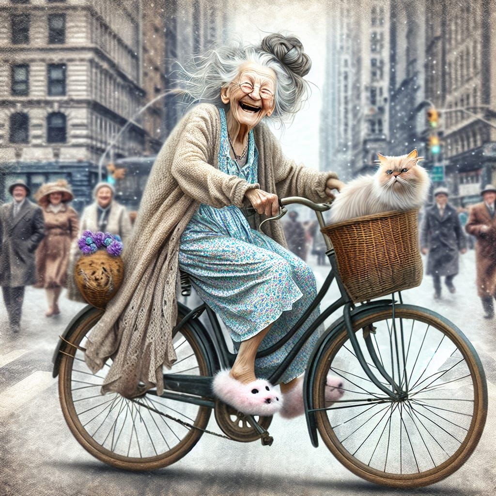 Whimsical Old Lady on Bike in Wet Oil Style