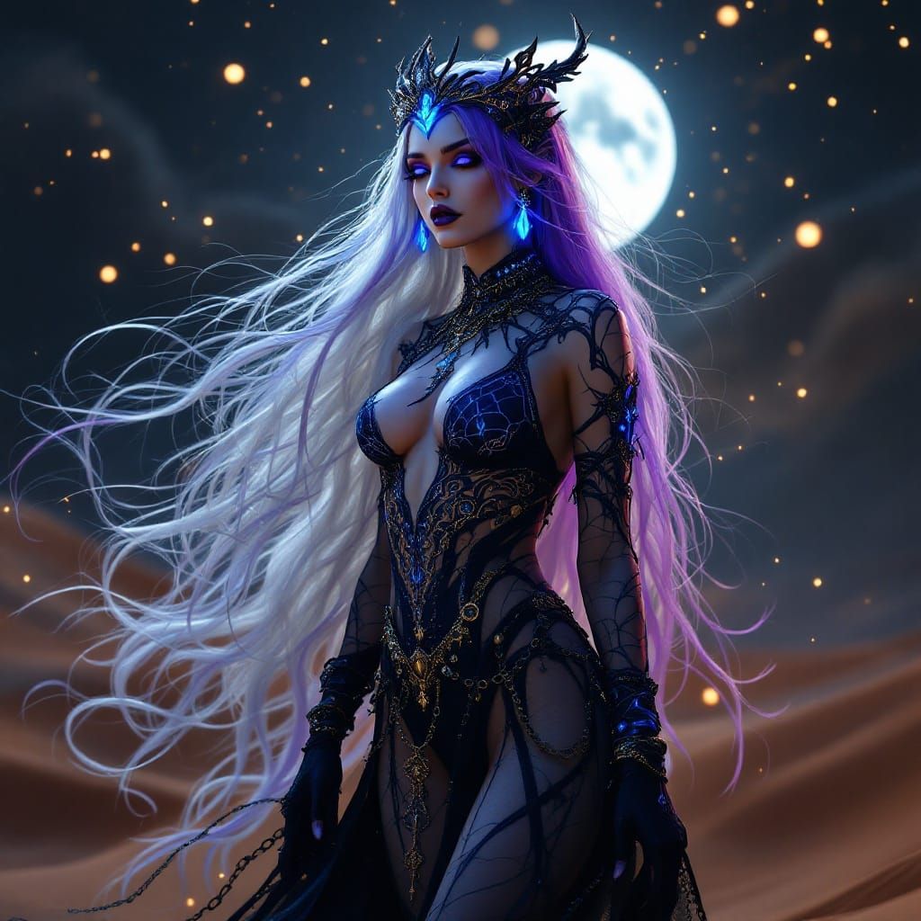 Gothic Fantasy Djinn in Wonderland-Inspired Scene