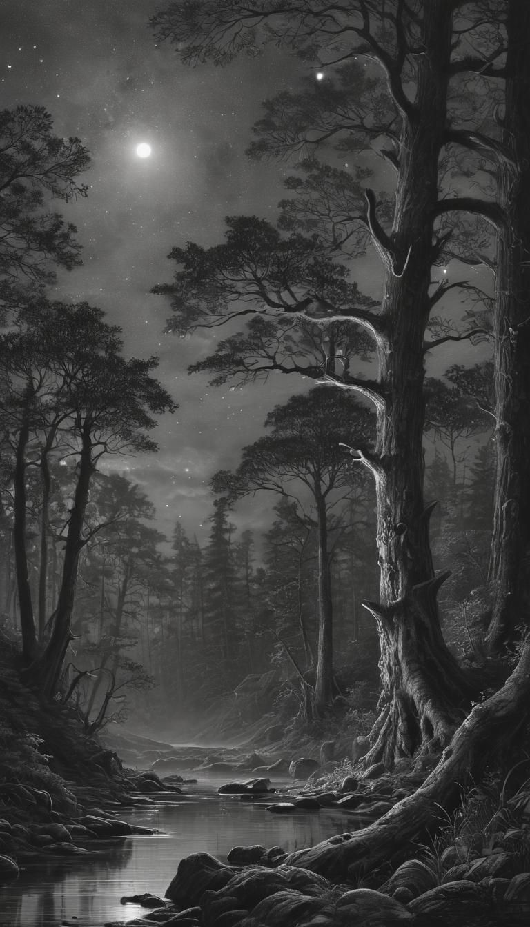 Mystical Forest Charcoal Drawing Under Starry Sky