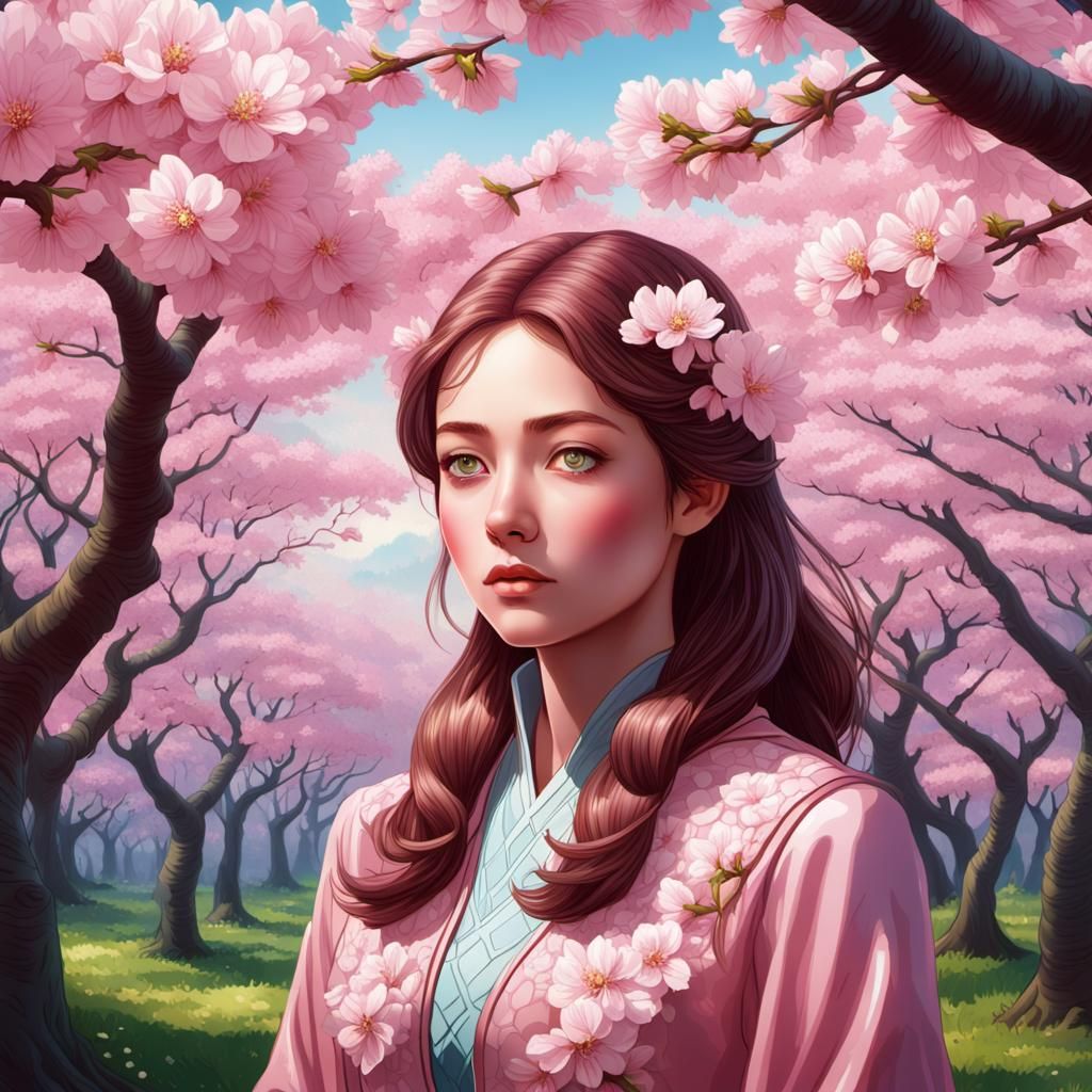 Cherry Blossom Woman in Art Nouveau Style
