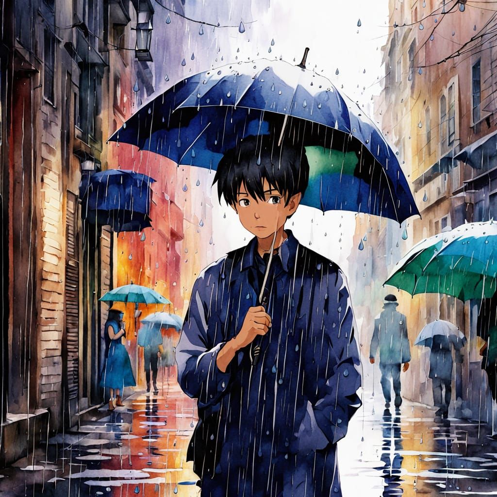 Vibrant Rainy Streets in Watercolor Anime Style
