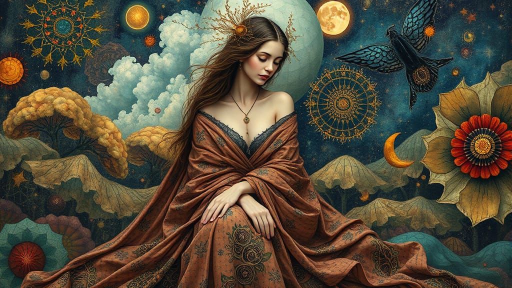 Surreal, Dreamlike Figure in Whimsical, Mystical Landscape