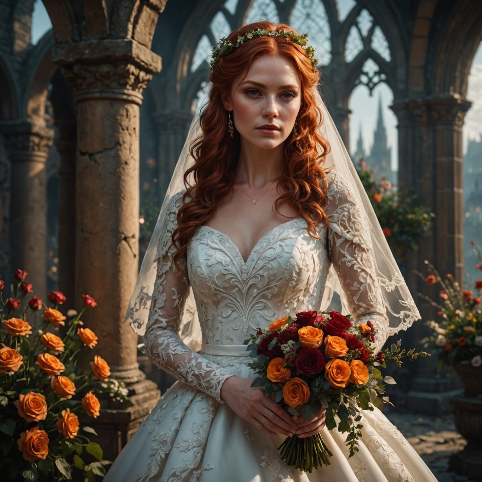 Red-Haired Bride with Bouquet: Fantasy Concept Art