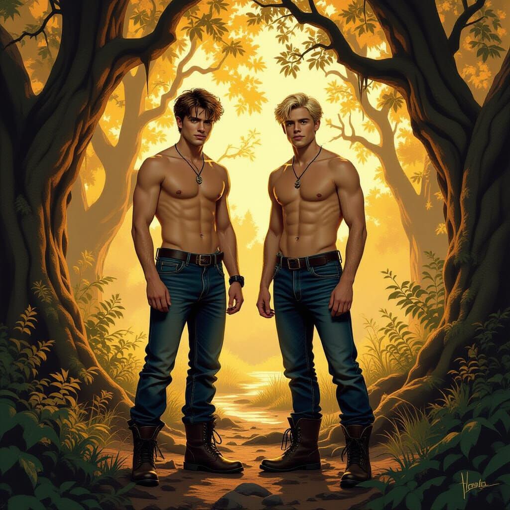 Shirtless Wizards in Mystical Forest, Digital Painting Style