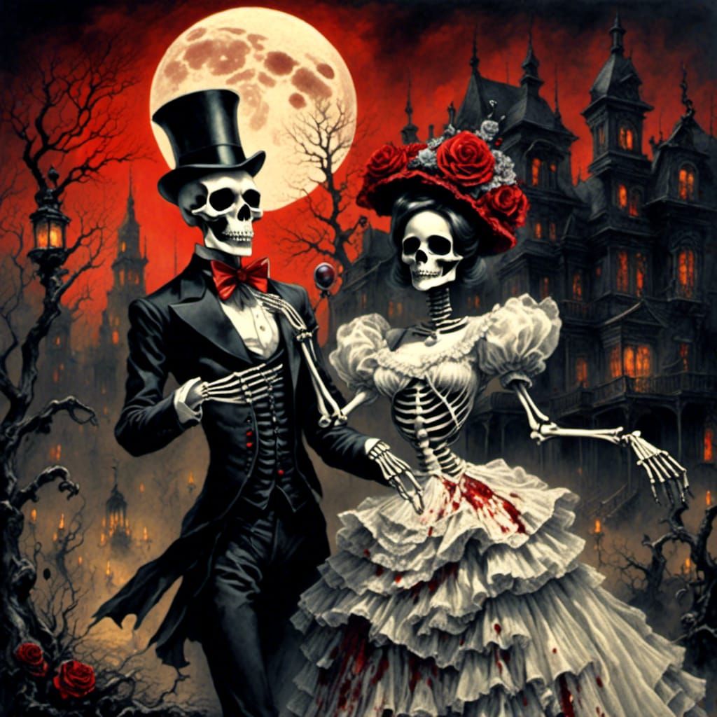 Dancing Skeletons Under a Blood-Red Moon