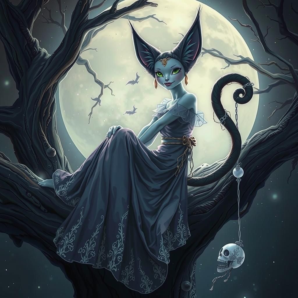 Ethereal Feline Woman with Cheshire Cat Grin
