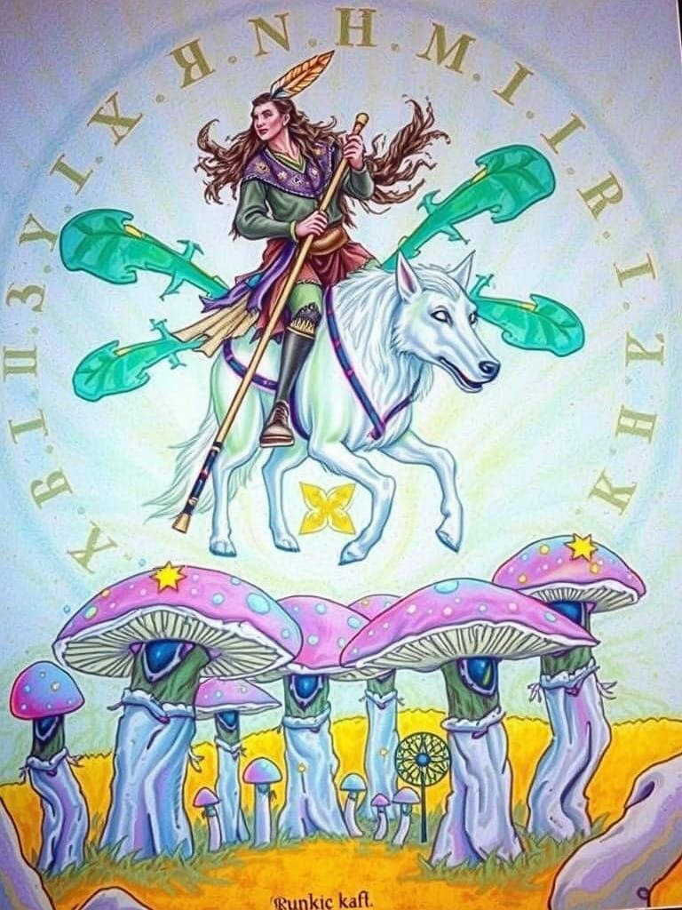 Mystical Shaman Rides Wolf in Vibrant Meadow under Radiant S...