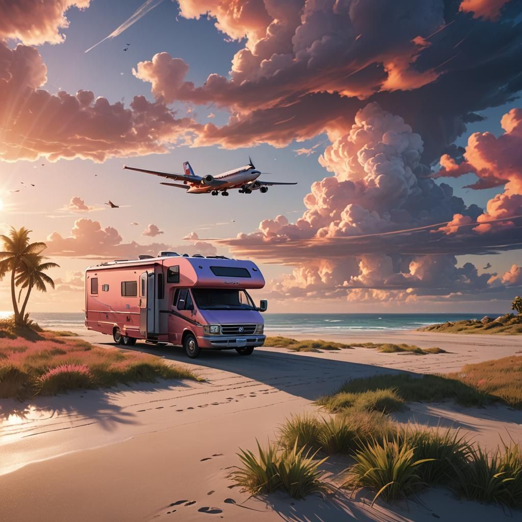 RV Beach Sunset in Anime Style