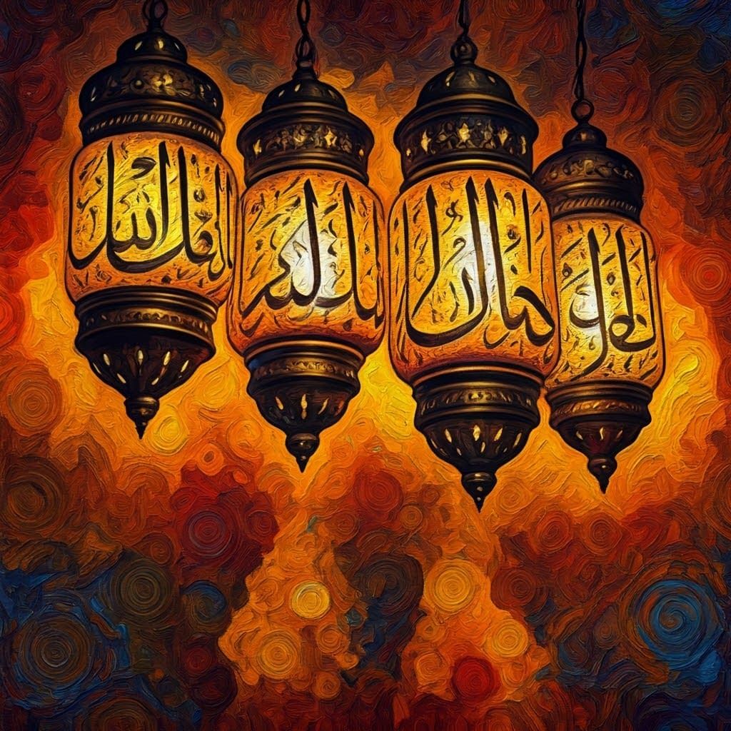 Vibrant, Textured Islamic Lanterns in a Kaleidoscopic Backgr...