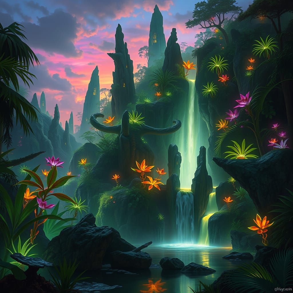 Bioluminescent Jungle at Twilight with Crystalline Formation...