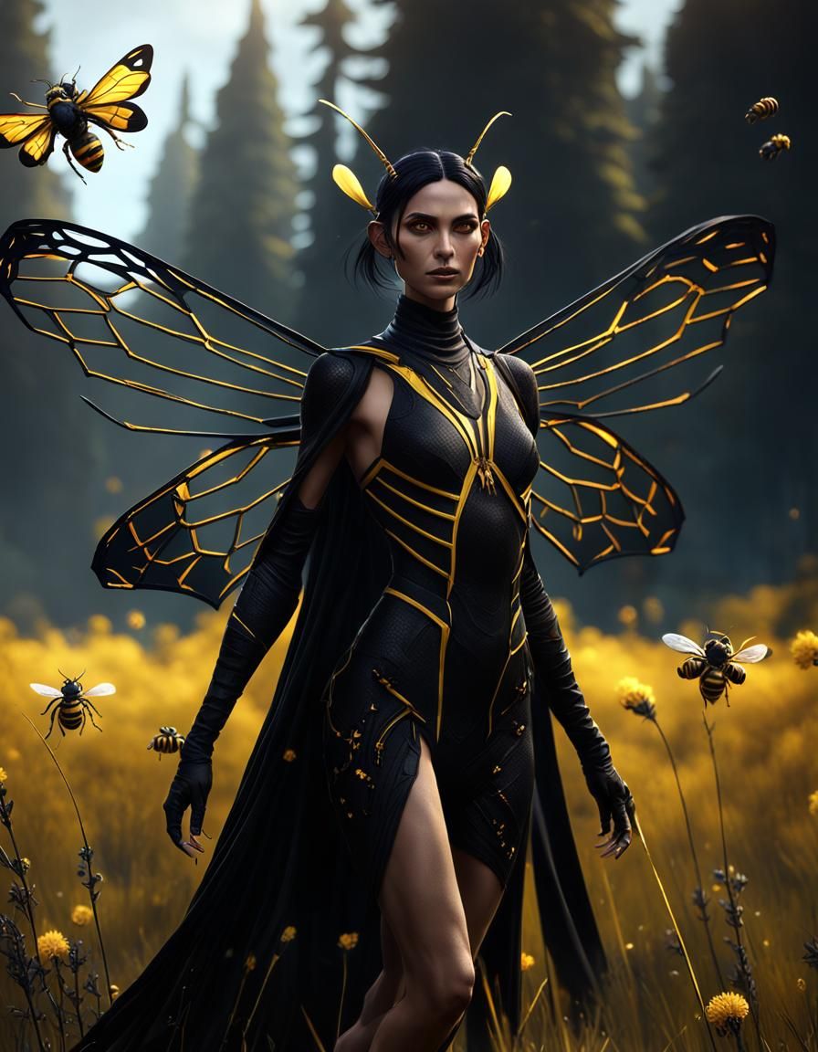 Wasp Girl in Dark Meadow, Detailed Matte Painting