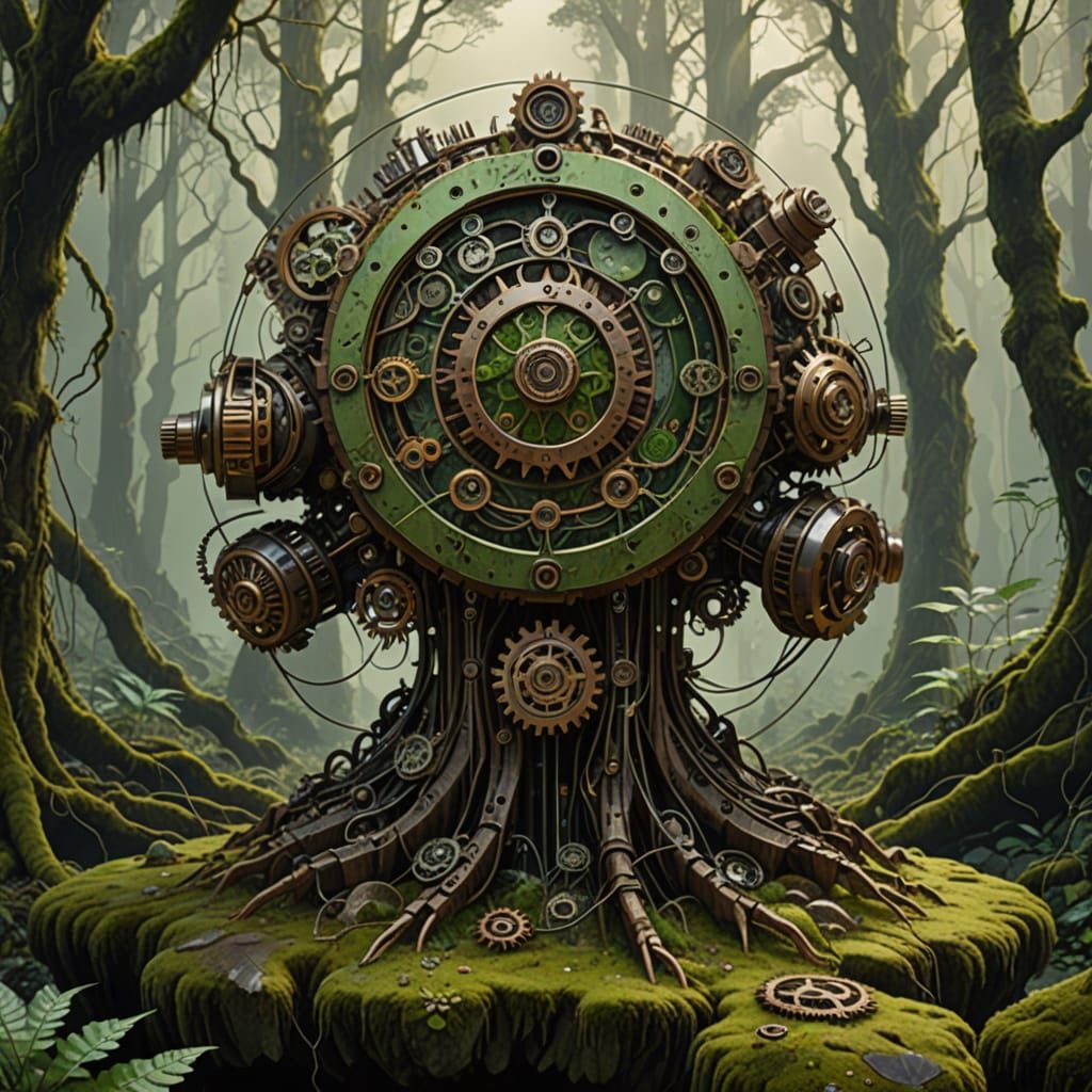 Cyborg in Ancient Forest Digital Painting