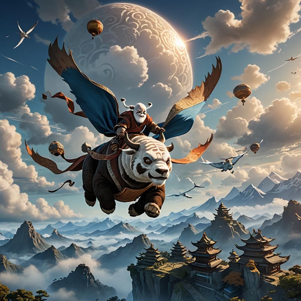 Appa Flying in Twilight Sky: Detailed Matte Painting