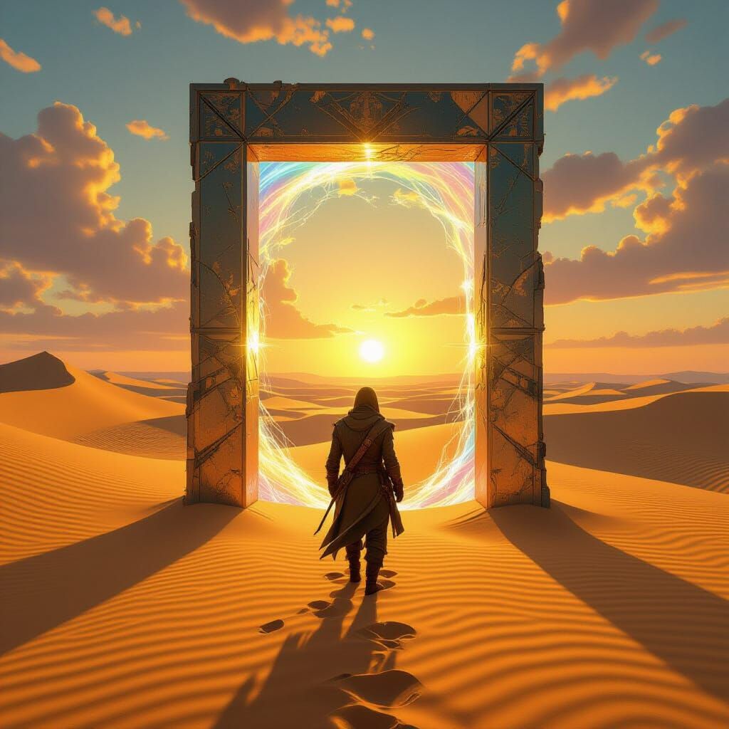 Explorer Finds Iridescent Portal in Desert Landscape