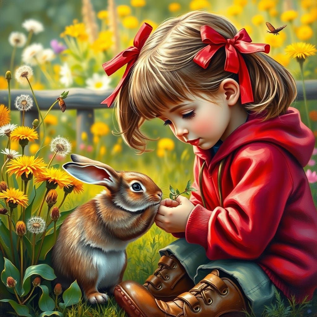 Little Girl Feeds Rabbit in Whimsical Country Garden