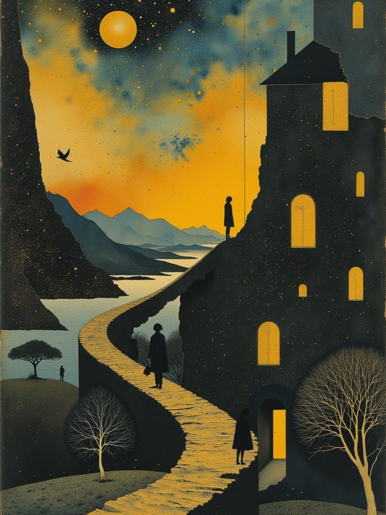 Golden Shimmer: Surreal Landscape with Impossible Architectu...