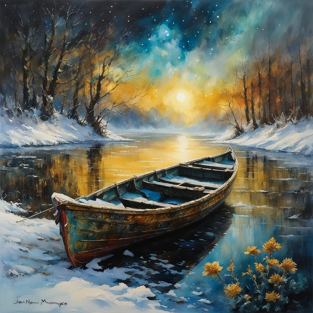 The boat on the frozen lake