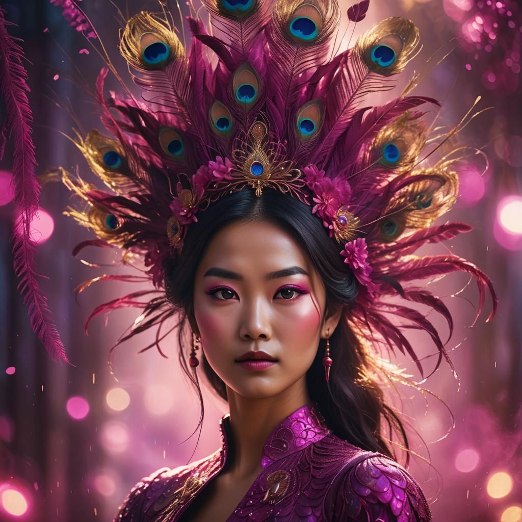 Peacock Feather Hair for Asian Woman: Digital Matte Painting