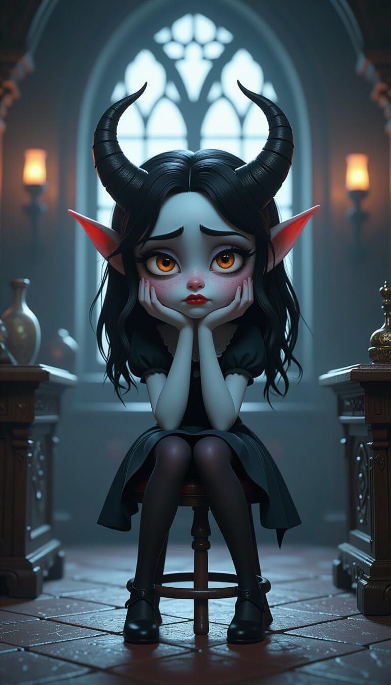 Melancholic Demon Girl in Gothic Setting: 3D Art